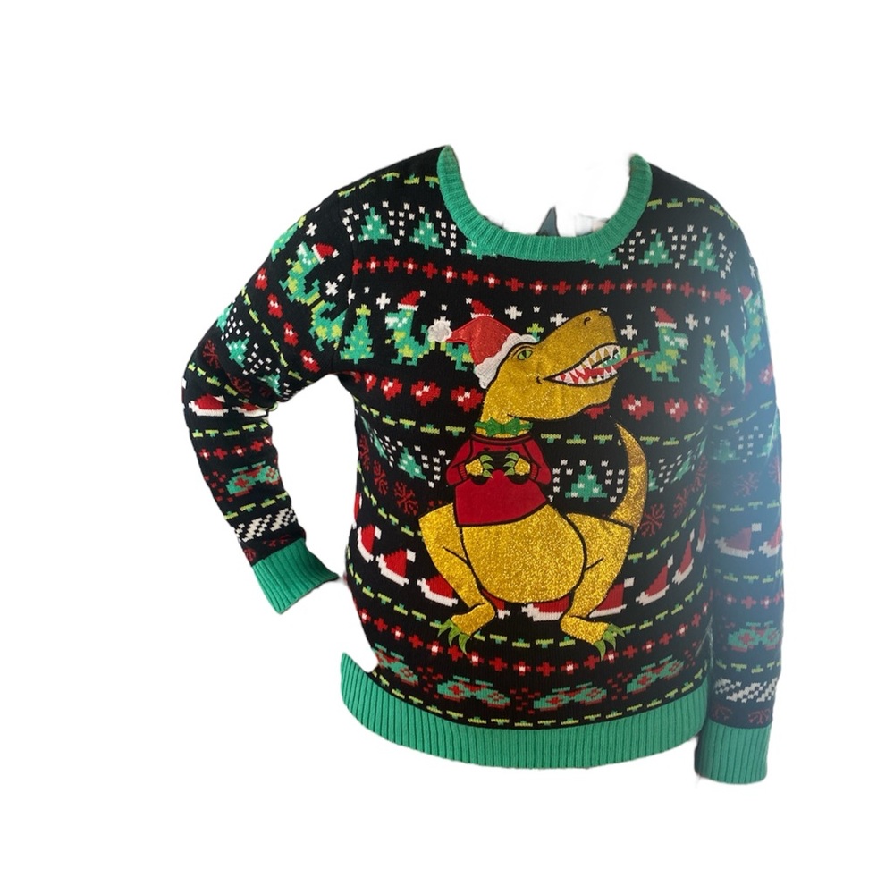 Holiday Hype" T-Rex sparkling dinosaur ugly Christmas sweater. Size XL - Picture 3 of 9